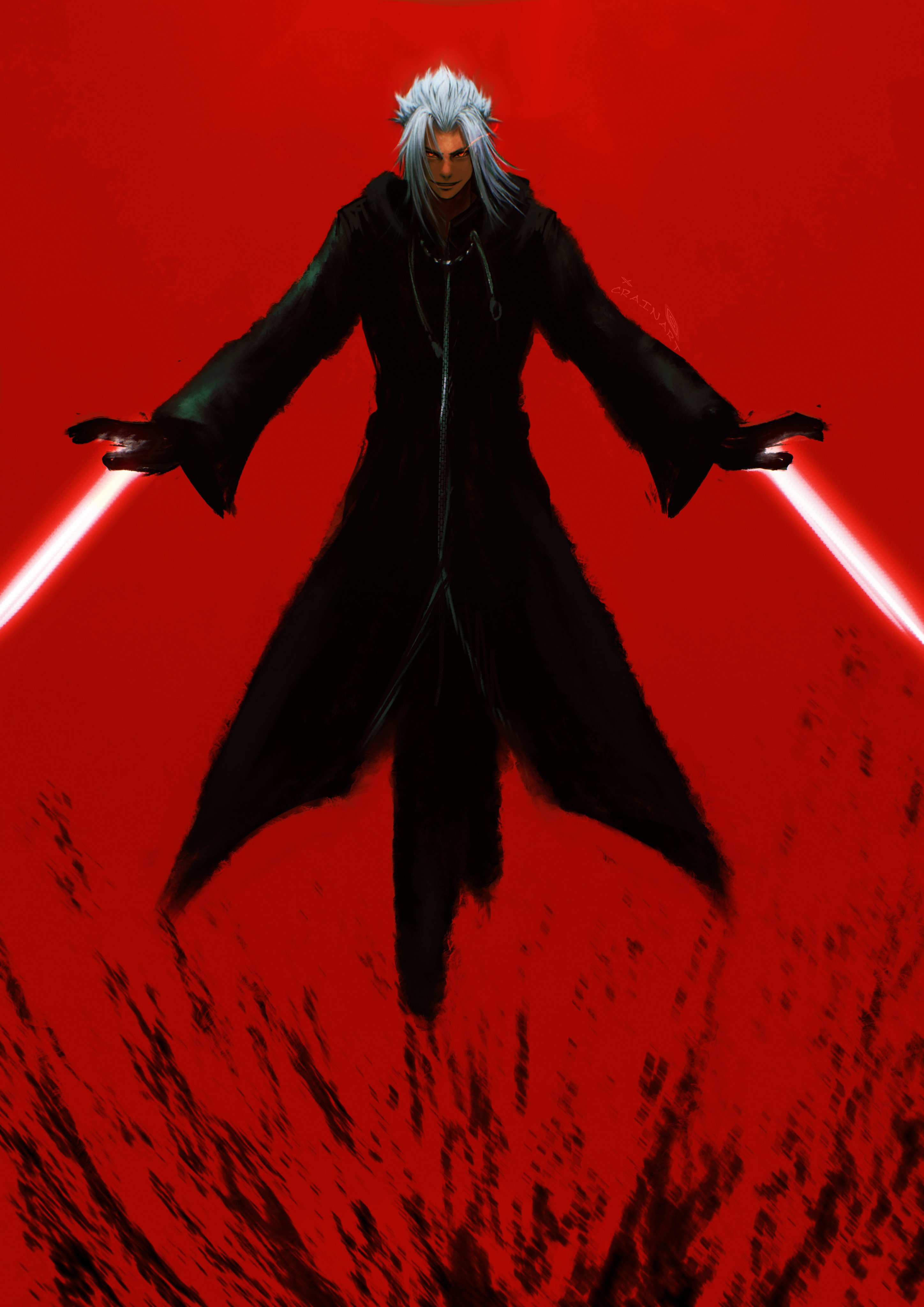 crain1art, xemnas, kingdom hearts, kingdom hearts ii, absurdres, highres, 1boy, alternate eye color, black coat, black coat (kingdom hearts), black gloves, coat, energy, energy weapon, evil smile, full body, gloves, glowing, glowing eyes, grey hair, hood, hood down, hooded coat, long hair, long sleeves, looking at viewer, male focus, motion blur, parted bangs, red background, red eyes, red theme, smile, solo