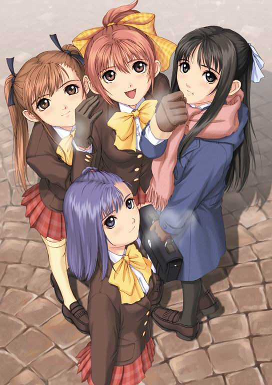 tony taka, makimura natsuki, morikawa minami, sakaki toshie, sangami erika, partner ~sekai de ichiban taisetsu na hito~, 4girls, bag, black eyes, black hair, blush, bow, brown eyes, brown hair, coat, gloves, hair bow, hair ribbon, hug, long hair, multiple girls, pink eyes, pink hair, plaid bow, plaid clothes, plaid skirt, ponytail, purple eyes, purple hair, ribbon, scarf, school bag, school uniform, serafuku, side ponytail, skirt, smile, thighhighs, twintails