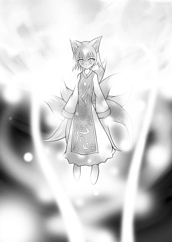 yakumo ran, touhou, 1girl, animal ears, animal hat, arms at sides, expressionless, female focus, floating, fox ears, fox tail, full body, greyscale, hat, long sleeves, looking at viewer, monochrome, multiple tails, no headwear, sleeves past wrists, solo, tabard, tail, tassel, wide sleeves