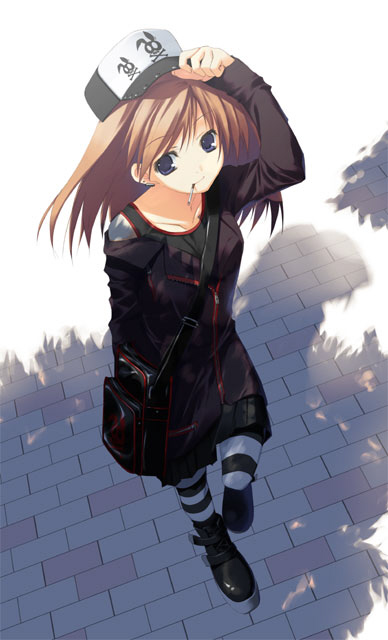 kagome (traumatize), original, 1girl, bag, baseball cap, blue eyes, brown hair, cigarette, female focus, hat, long hair, pantyhose, shadow, shoulder bag, solo, striped clothes, striped pantyhose, thighhighs, tree shade