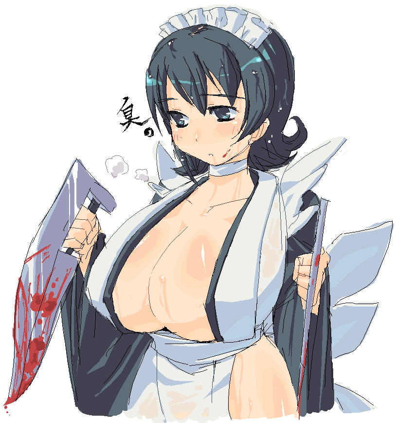 shue, iroha (samurai spirits), samurai spirits, 1girl, black hair, blood, blue eyes, breasts, cleavage, female focus, flipped hair, huge breasts, oekaki, solo