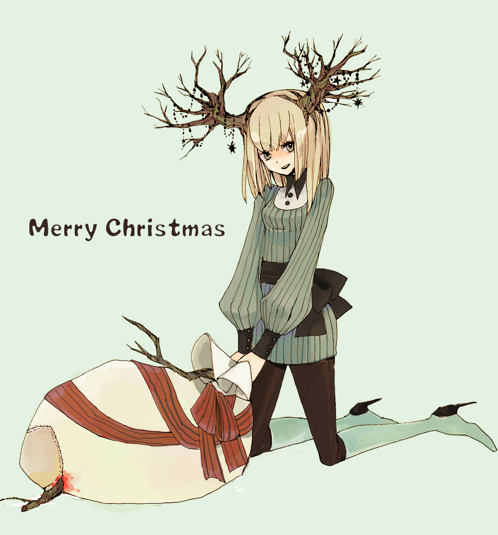 l hakase, original, bad id, bad pixiv id, blood, boots, christmas, horns, pantyhose, solo, tree