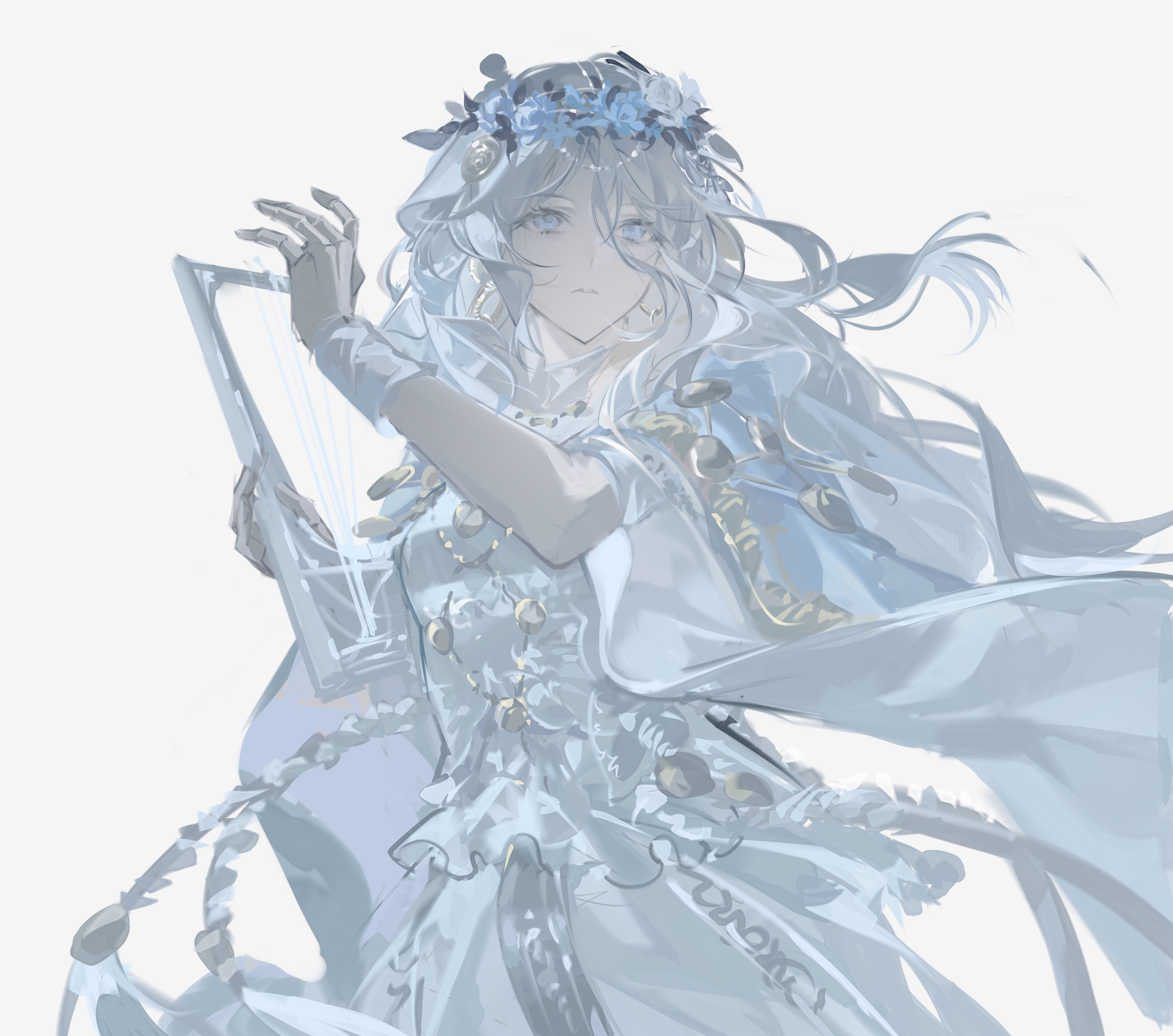 lin qing (phosphorus 1104), revenant (elden ring), elden ring, elden ring nightreign, highres, 1girl, blue eyes, braid, doll joints, dress, flower wreath, head wreath, holding, holding instrument, holding lyre, instrument, jewelry, joints, long hair, looking at viewer, lyre, solo, veil, white dress, white hair