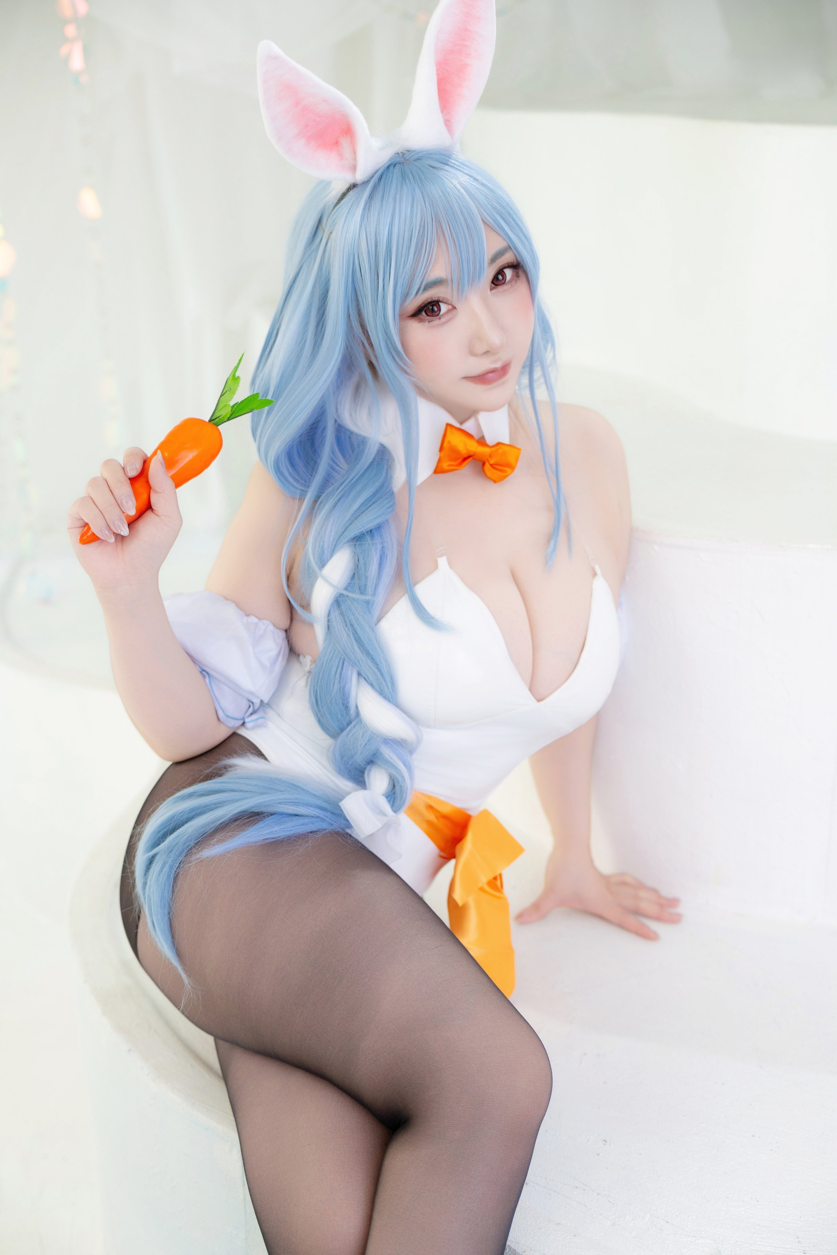 saku93, real life, character request, photo (medium), 1girl, animal ears, blue hair, bow, bowtie, braid, braided ponytail, breasts, carrot, cleavage, fake animal ears, large breasts, leotard, long hair, pantyhose, ponytail, rabbit ears, red eyes, sitting, white leotard