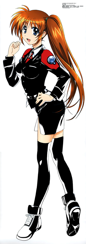 takamachi nanoha, lyrical nanoha, mahou shoujo lyrical nanoha, mahou shoujo lyrical nanoha strikers, recolor, 00s, 1girl, alternate color, blue eyes, brown hair, female focus, long hair, military, military uniform, pencil skirt, ponytail, purple eyes, red hair, side ponytail, skirt, solo, thighhighs, zettai ryouiki