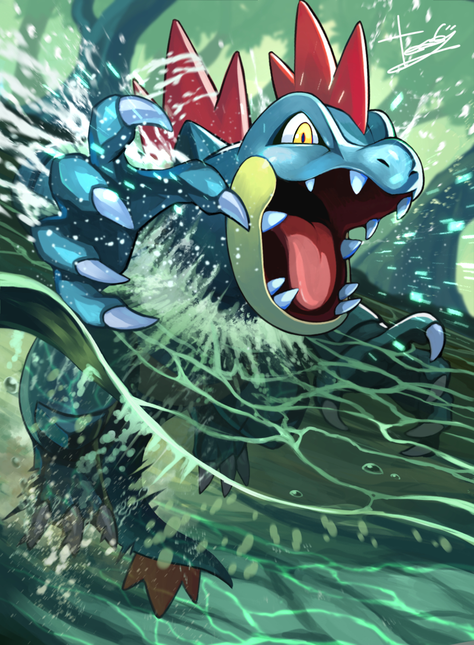 tesshii (riza4828), feraligatr, nintendo, pokemon, commentary request, highres, air bubble, bubble, claws, day, gen 2 pokemon, no humans, open mouth, outdoors, partially underwater shot, pokemon (creature), pokemon focus, signature, solo, teeth, tongue, tree, water, yellow eyes