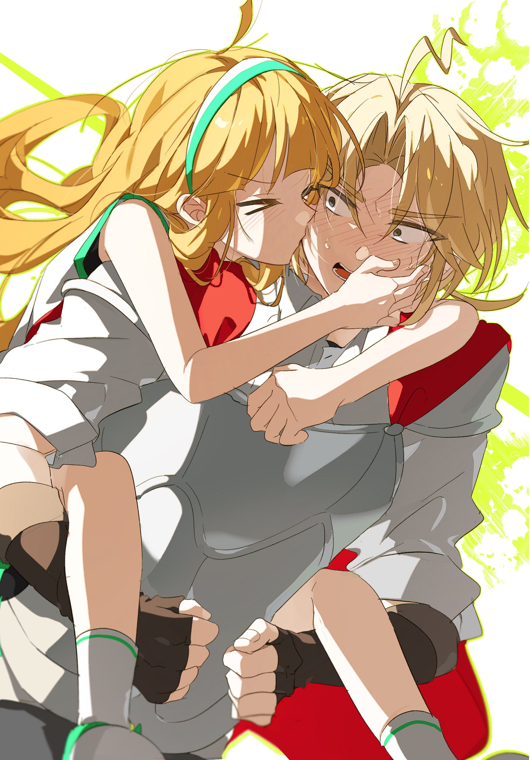 zombie high school, absurdres, highres, 1boy, 1girl, ahoge, armor, blonde hair, blush, carrying, closed eyes, fingerless gloves, gloves, grey eyes, hairband, hetero, kiss, kissing cheek, long hair, nam seon-ji, open mouth, opennep, pak chan-yeong