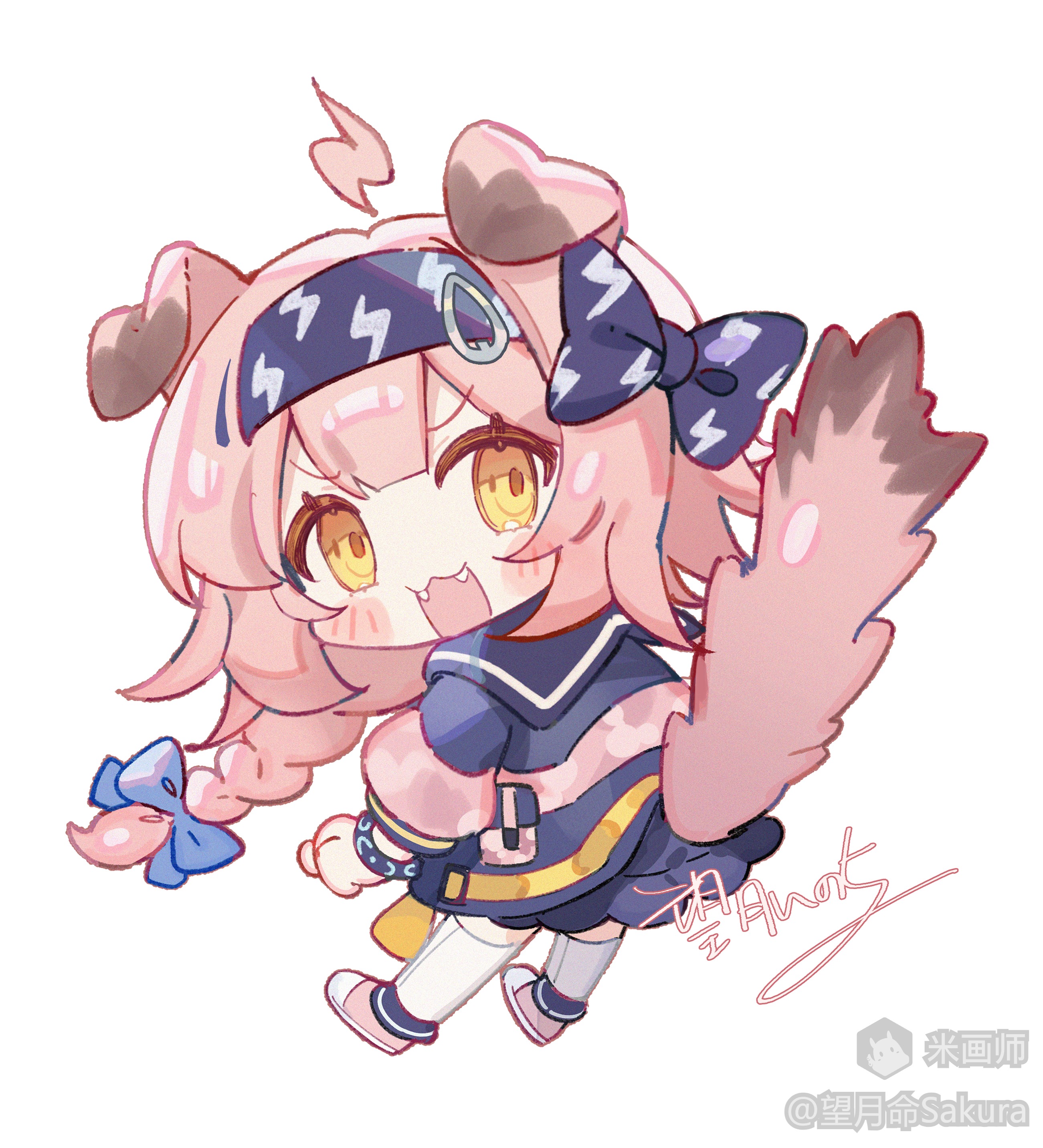 mochizuki inochi, goldenglow (arknights), infection monitor (arknights), arknights, absurdres, highres, 1girl, :3, ahoge, animal ears, black coat, blue hairband, blush, braid, cat ears, cat girl, cat tail, chibi, chibi only, coat, fangs, full body, hairband, lightning bolt print, long hair, looking at viewer, looking back, multicolored coat, open mouth, pink coat, pink hair, pink shoes, shoes, signature, simple background, sneakers, solo, surprised, tail, thighhighs, two-tone coat, white thighhighs, yellow background, yellow eyes