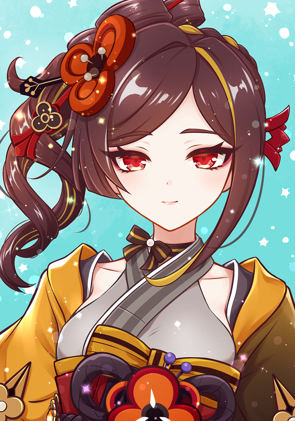 den (dendenkog), chiori (genshin impact), genshin impact, highres, 1girl, breasts, brown hair, closed mouth, collarbone, drill hair, drill ponytail, flower hairpin, grey kimono, hair ornament, hairpin, japanese clothes, kimono, large breasts, looking at viewer, medium hair, red eyes, smile, solo, upper body, wavy hair