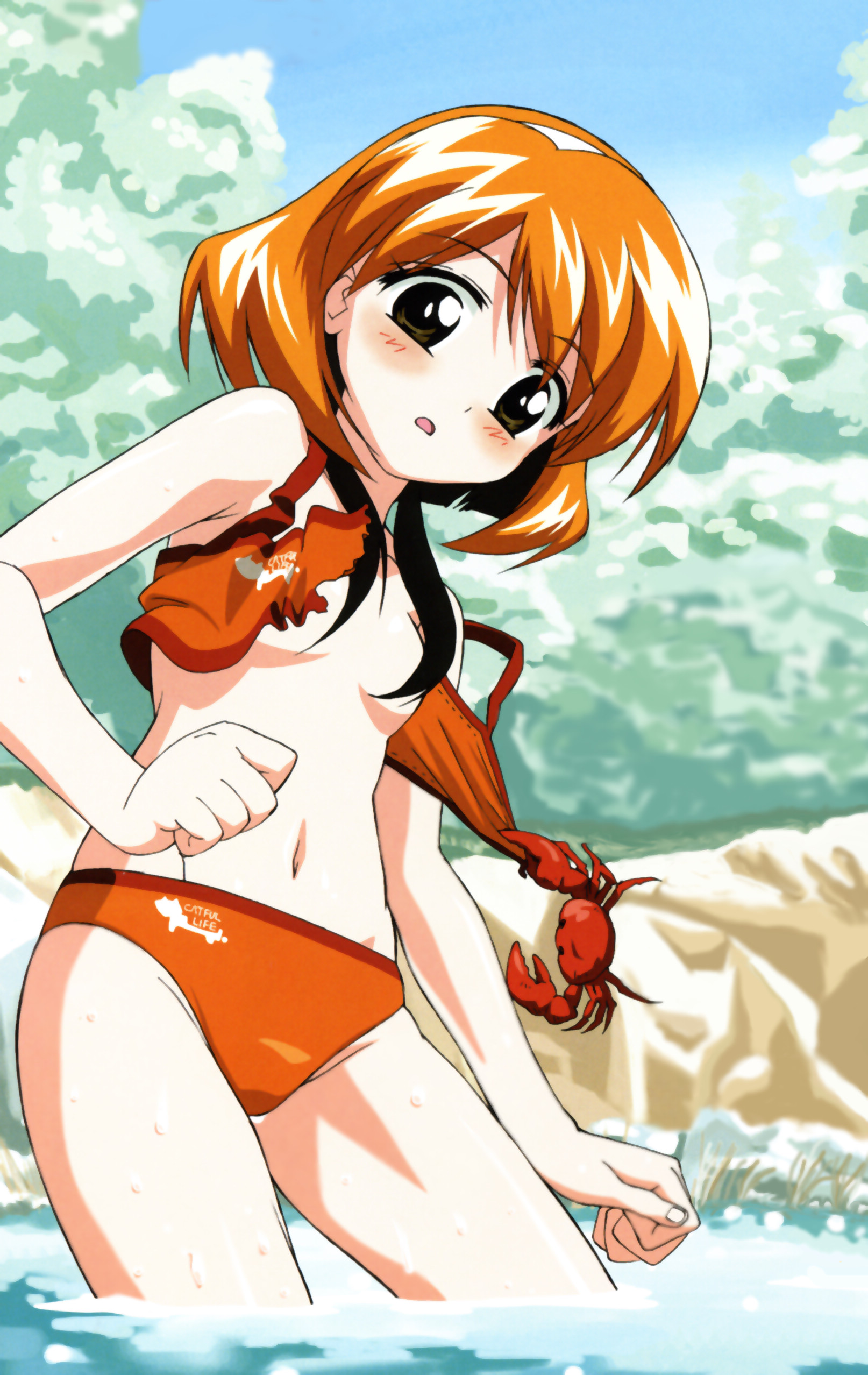 andou minawa, mahoromatic, absurdres, highres, 1girl, beach, bikini, crab, crustacean, day, female focus, flat chest, orange bikini, outdoors, panties, short hair, solo, swimsuit, topless female, underwear, wardrobe malfunction