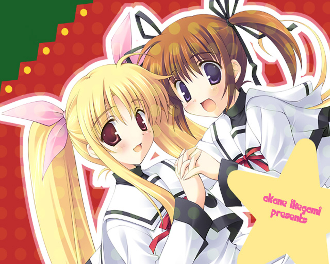 ikegami akane, fate testarossa, takamachi nanoha, lyrical nanoha, mahou shoujo lyrical nanoha, mahou shoujo lyrical nanoha a's, eyebrows, 00s, 2girls, :d, blonde hair, blue eyes, blush, collar, looking at viewer, multiple girls, open mouth, red eyes, red ribbon, ribbon, school uniform, serafuku, smile, star (symbol), twintails, upper body