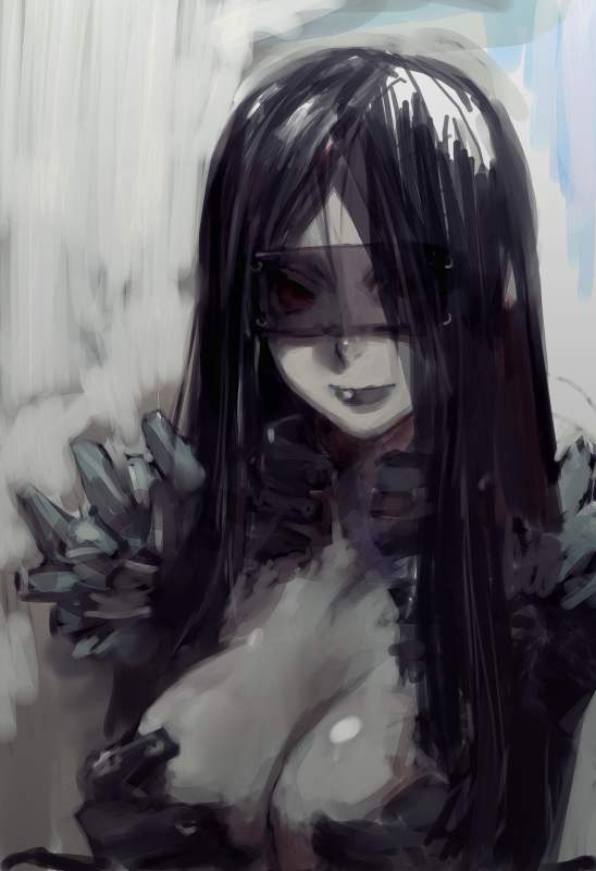 humi, toi8, 1girl, armor, black hair, blindfold, breasts, cleavage, female focus, fur trim, large breasts, lipstick, long hair, looking at viewer, makeup, parted bangs, see-through clothes, smile, solo, upper body