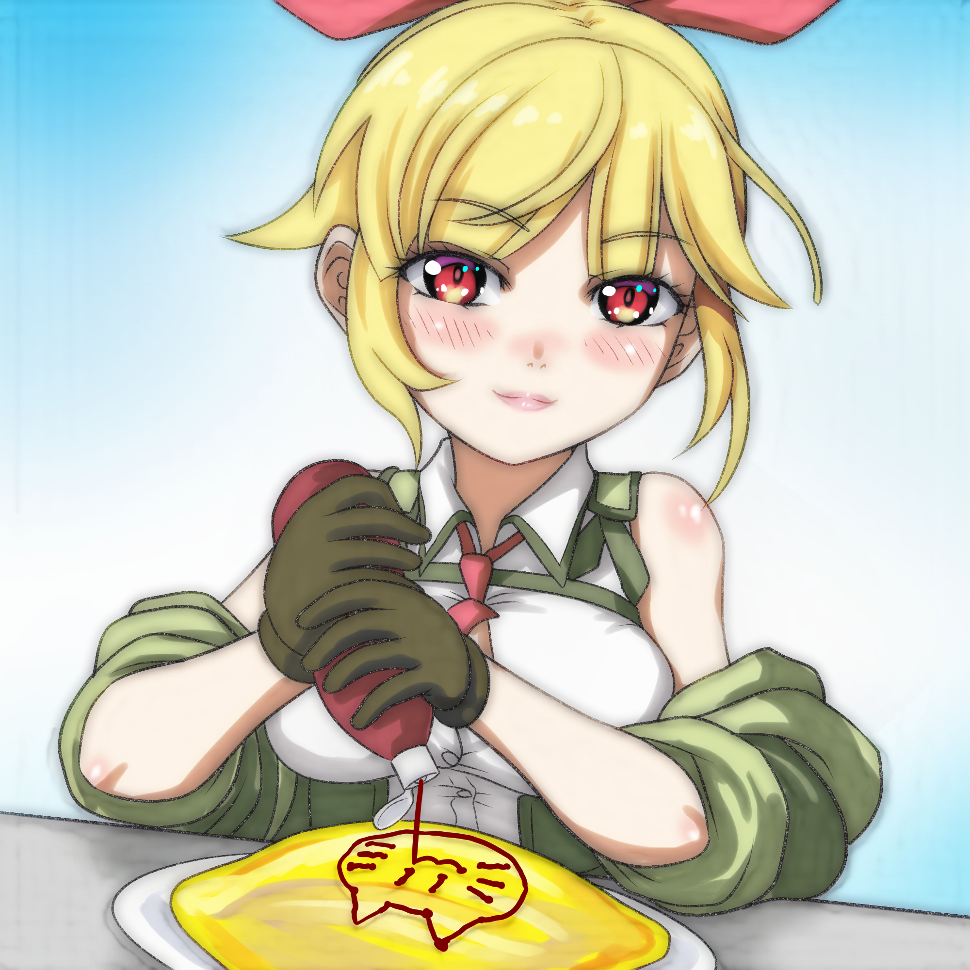 t jiroo (ringofriend), turret girls, character request, 1girl, animal, blonde hair, blue background, blush, bottle, breasts, brown gloves, cat, detached sleeves, food, gloves, gradient background, hair ribbon, holding, holding bottle, ketchup, ketchup bottle, large breasts, long sleeves, looking at viewer, necktie, omelet, omurice, red eyes, red necktie, red ribbon, ribbon, shirt, sleeveless, sleeveless shirt, smile, upper body, white shirt