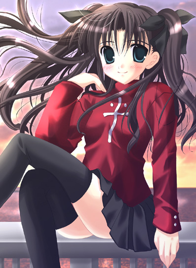 tohsaka rin, fate/stay night, fate (series), 00s, 1girl, black thighhighs, female focus, solo, thighhighs, twintails, two side up, zettai ryouiki