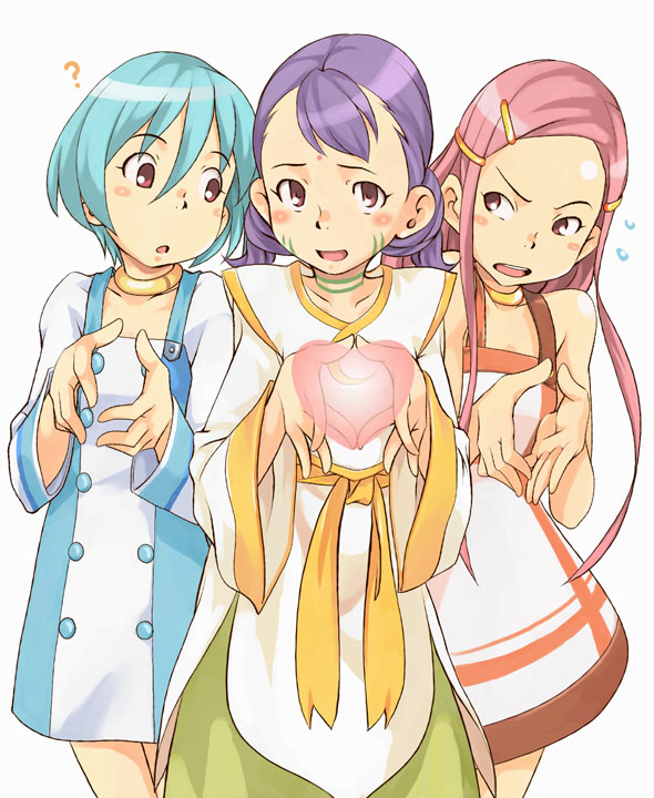 mannen hitsu, anemone (eureka seven), eureka (eureka seven), sakuya (eureka seven), eureka seven, eureka seven (series), 00s, 3girls, ?, bare shoulders, blush, buttons, collarbone, cowboy shot, dress, embarrassed, facepaint, failure, flying sweatdrops, hair ornament, hairclip, heart, heart hands, heart in heart hands, jewelry, multiple girls, neck ring, simple background, smile, valentine, white background, white dress