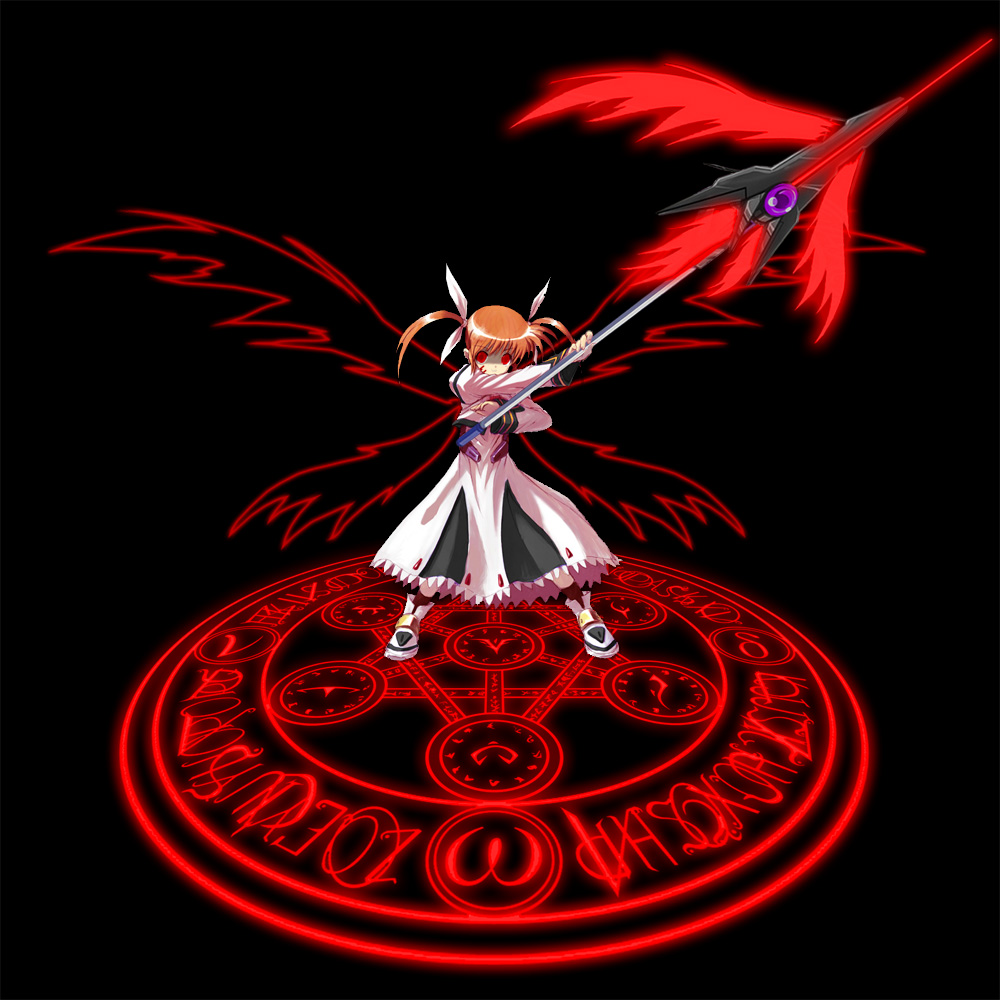 raising heart, takamachi nanoha, lyrical nanoha, mahou shoujo lyrical nanoha, mahou shoujo lyrical nanoha a's, 00s, 1girl, alternate color, alternate weapon, black background, energy wings, female focus, hexagram, magic circle, magical girl, red eyes, red hair, solo, twintails, weapon, white devil, wings