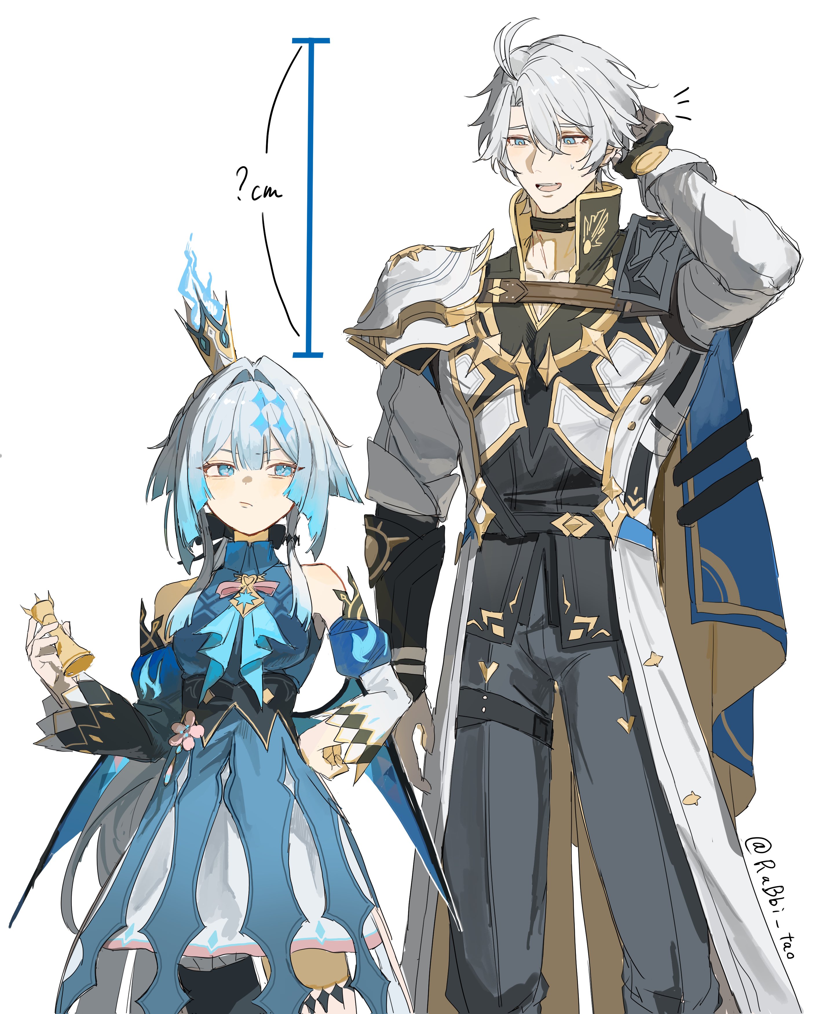 cerydra (honkai: star rail), phainon (honkai: star rail), honkai: star rail, honkai (series), absurdres, highres, 1boy, 1girl, ?, antenna hair, armor, artist name, ascot, asymmetrical sleeves, bare shoulders, black bow, black choker, black gloves, black sleeves, blue ascot, blue cape, blue dress, blue eyes, blue fire, blue hair, bow, bowtie, breasts, cape, chess piece, choker, clenched hand, closed mouth, collarbone, collared dress, cowboy shot, crown, crystal hair ornament, detached sleeves, dress, fingerless gloves, fire, flower, flower ornament, flying sweatdrops, gloves, gradient hair, grey hair, grey pants, hair between eyes, hair bow, hair ornament, hand on own head, hand on own hip, hand up, height difference, holding, holding chess piece, jacket, long hair, long sleeves, looking at another, low ponytail, medium breasts, mini crown, mismatched sleeves, multicolored hair, neck tattoo, open mouth, pants, pink bow, pink bowtie, pink flower, ponytail, rabbi tao, short hair, shoulder armor, sidelocks, simple background, single glove, sleeveless, sleeveless dress, smile, standing, sun symbol, sun tattoo, sweatdrop, tan, tattoo, thigh strap, two-sided cape, two-sided fabric, two-tone dress, v-shaped eyebrows, white background, white dress, white jacket, white sleeves, wide sleeves, yellow cape