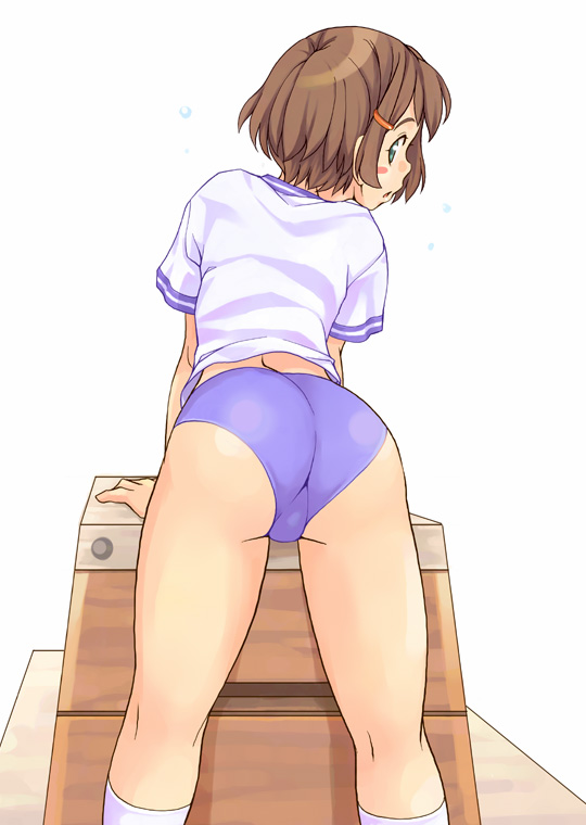 mannen hitsu, copyright request, ass, bent over, blush, bob cut, brown hair, buruma, gym uniform, looking back, purple buruma, short hair, solo, vaulting horse