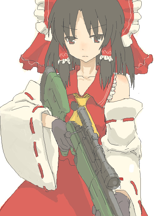 96, nannaru (nananana), hakurei reimu, touhou, 1girl, black hair, detached sleeves, female focus, gloves, gun, headdress, looking at viewer, nontraditional miko, oekaki, ribbon, rifle, serious, simple background, sniper rifle, solo, weapon, white background, wide sleeves
