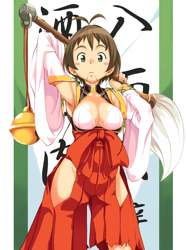 mannen hitsu, brush, 1girl, adapted uniform, antenna hair, bell, blush stickers, brown hair, female focus, green eyes, japanese clothes, miko, nontraditional miko, short hair, solo, torn clothes