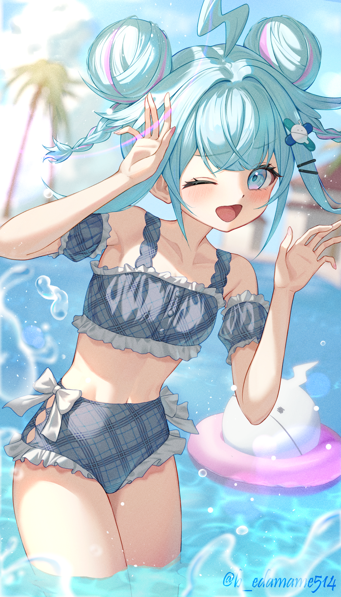 boku no edamame, mizumiya su, hololive, highres, 1girl, ;d, bare shoulders, bikini, blue eyes, blue hair, cowboy shot, dot nose, double bun, flat chest, hair bun, long hair, looking at viewer, midriff, navel, one eye closed, open mouth, smile, solo, standing, stomach, swimsuit, water