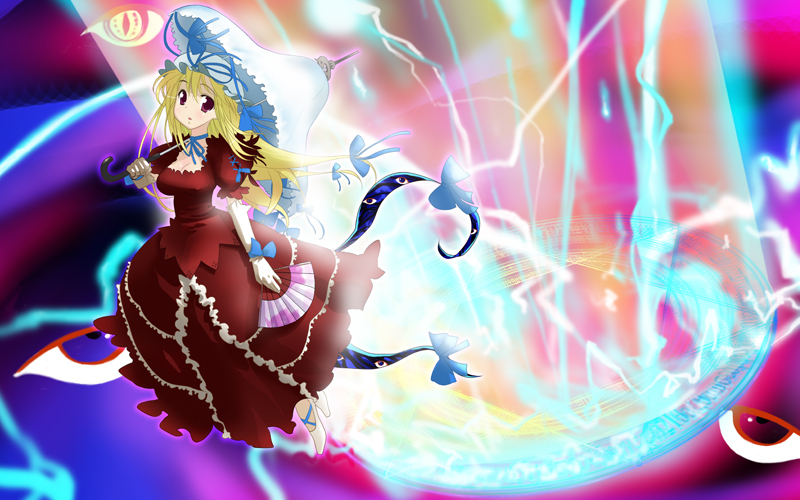 mahan (clock hearts), yakumo yukari, touhou, 1girl, alternate costume, blonde hair, breasts, cleavage, dress, electricity, female focus, folding fan, frills, full body, hand fan, hat, hat ribbon, holding, layered dress, long hair, looking at viewer, magic, mob cap, puffy short sleeves, puffy sleeves, red dress, red ribbon, ribbon, short sleeves, solo, umbrella