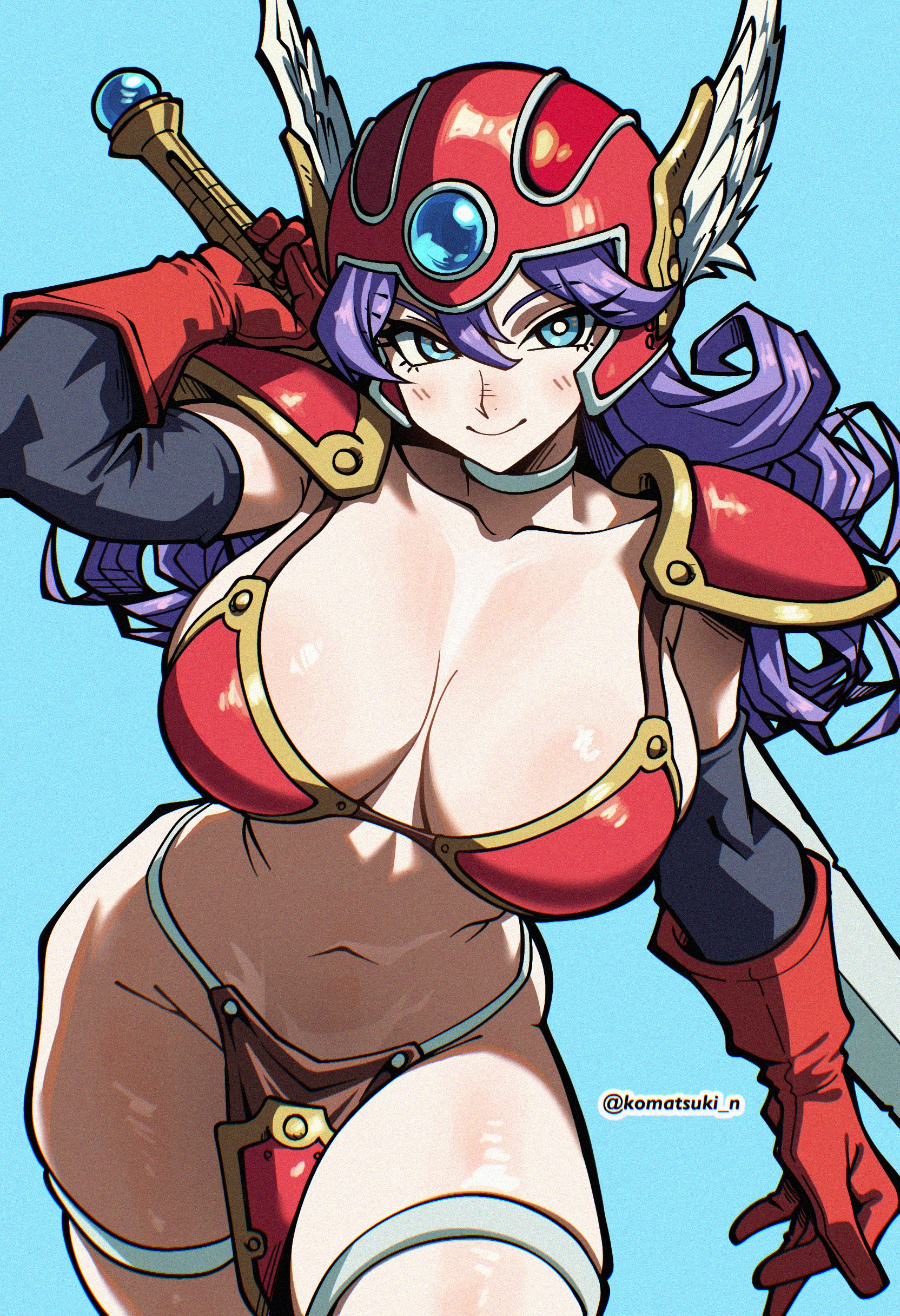 komatsuki n, warrior (dq3), dragon quest, dragon quest iii, absurdres, highres, 1girl, armor, bikini armor, black sleeves, blue background, blue eyes, blue gemstone, breasts, bright pupils, choker, cleavage, collarbone, cowboy shot, curly hair, detached sleeves, film grain, gem, gloves, hand on hilt, helmet, large breasts, long hair, looking to the side, midriff, navel, pauldrons, purple hair, red armor, red gloves, red helmet, shoulder armor, silver choker, silver thighlet, smile, solo, sword, sword on back, twitter username, warrior, weapon, weapon on back, white pupils, winged helmet