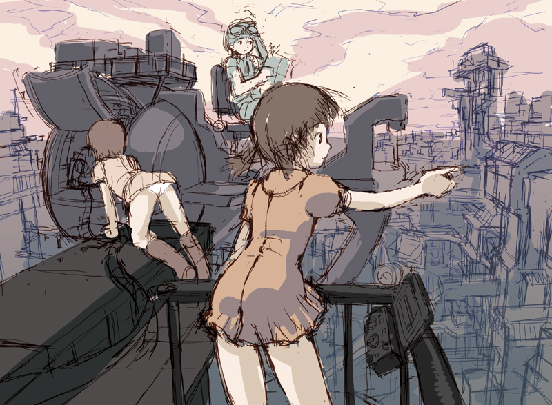 tougetsu gou, bad id, bad pixiv id, 3girls, all fours, brown hair, child, cityscape, cloud, dress, female focus, multiple girls, oekaki, outdoors, panties, sitting, sketch, sky, standing, underwear, upskirt