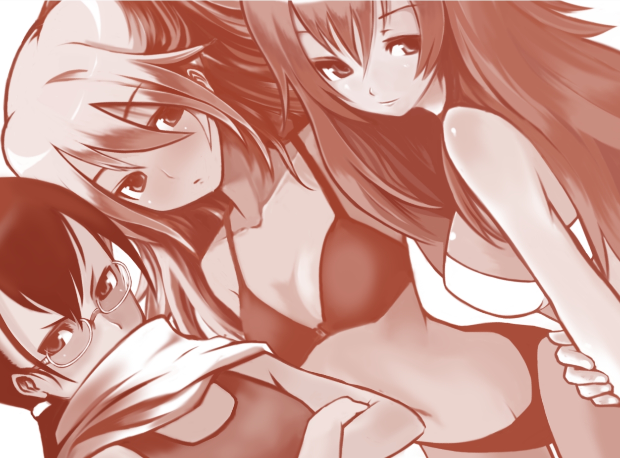 fukanensei, 3girls, bikini, everyone, glasses, long hair, multiple girls, swimsuit