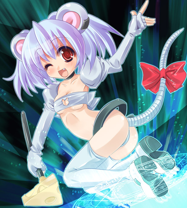 maki (seventh heaven maxion), original, animal ears, ass, blue hair, bow, gloves, midriff, mouse ears, red eyes, solo, tail, thighhighs