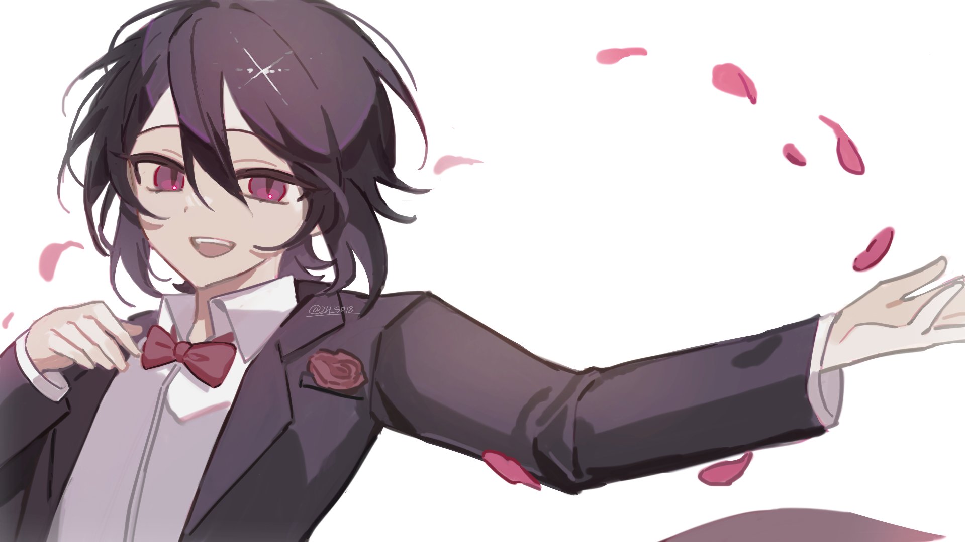 zombie high school, highres, 1boy, black hair, black jacket, bow, bowtie, collared shirt, flower, hair between eyes, jacket, kevin (zombie high school), long sleeves, looking at viewer, male focus, open clothes, open mouth, petals, pink eyes, red bow, red bowtie, red flower, red rose, rose, shirt, short hair, simple background, smile, solo, teeth, twitter username, upper body, white background, white shirt, zh sp18