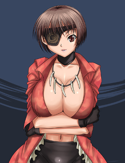 syunzou, mary (vampire panic), vampire panic, 1girl, arms under breasts, black gloves, breasts, brown eyes, brown hair, cleavage, collar, collarbone, eyepatch, female focus, gloves, huge breasts, jacket, jewelry, large breasts, looking at viewer, matching hair/eyes, navel, necklace, no bra, open clothes, open jacket, parted lips, red jacket, short hair, solo, tooth necklace, upper body