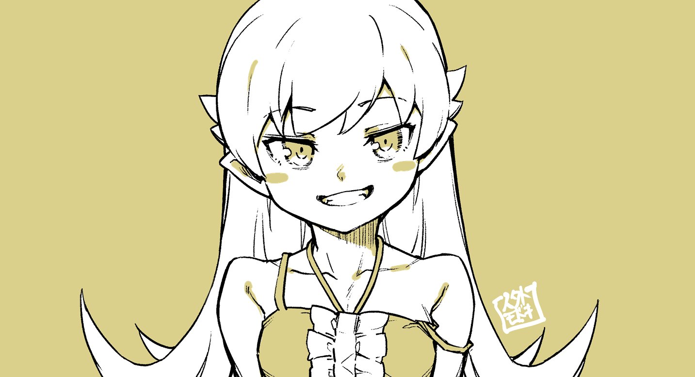 jingai modoki, oshino shinobu, monogatari (series), commentary request, 1girl, blush stickers, collarbone, dress, grin, long hair, looking at viewer, monochrome, pointy ears, portrait, seal impression, simple background, single off shoulder, smile, solo, straight-on, upper body, very long hair, yellow background, yellow theme
