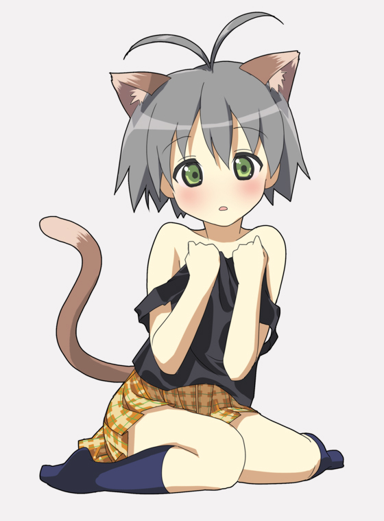 tsukigami runa, kikuchi makoto, idolmaster, idolmaster (classic), idolmaster 1, original, 00s, 1girl, animal ears, antenna hair, bare shoulders, blush, cat ears, cat tail, female focus, green eyes, grey hair, kneeling, no nose, off shoulder, simple background, sitting, solo, tail, wariza