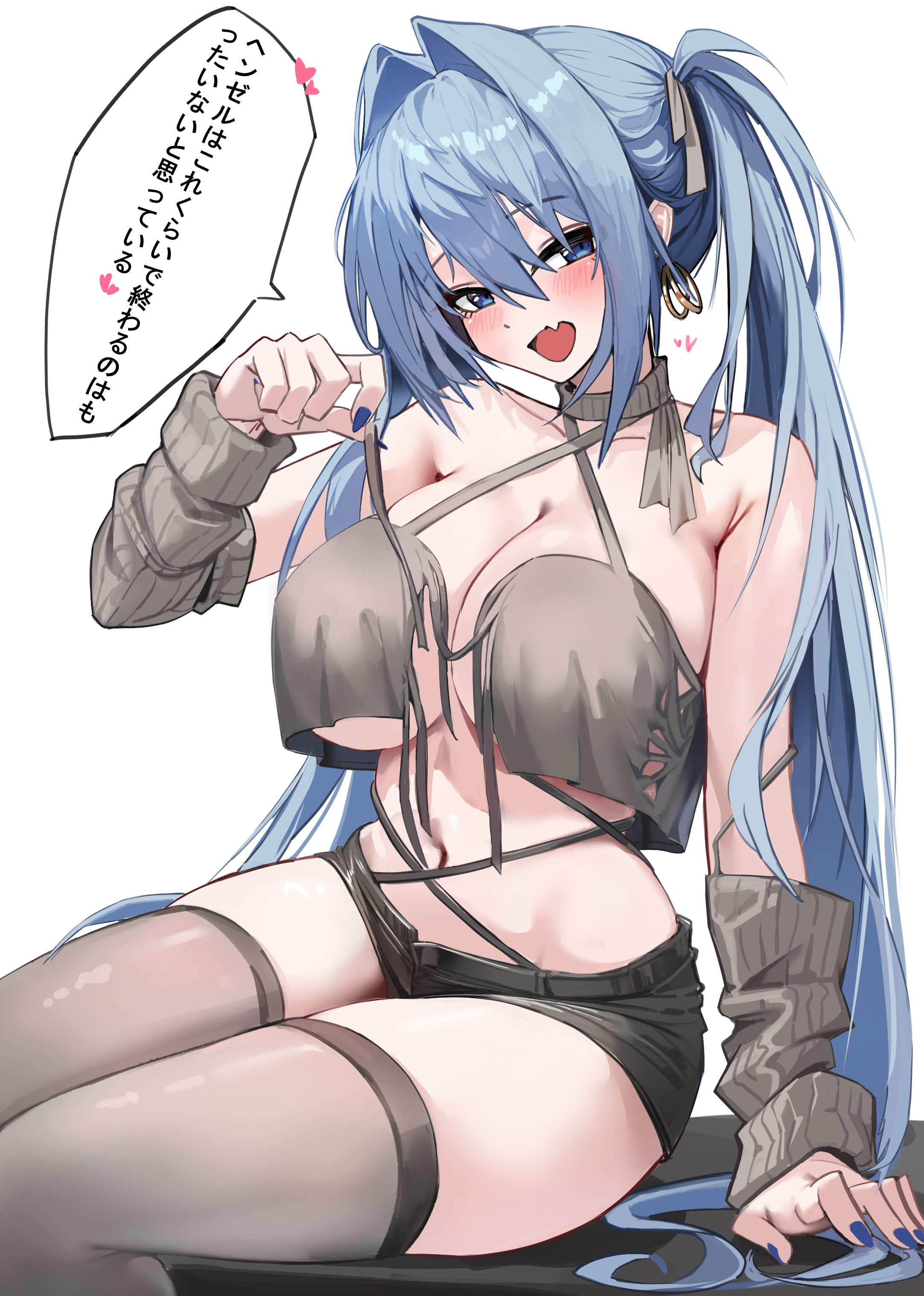 bryuni, hansel (nikke), goddess of victory: nikke, absurdres, highres, 1girl, alternate costume, black shorts, blue eyes, blue hair, blue nails, blush, breasts, cleavage, detached sleeves, dot nose, fang, large breasts, long hair, looking at viewer, micro shorts, navel, shorts, sitting, skin fang, solo, speech bubble, thighhighs, thighs, twintails, very long hair, white background