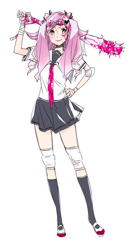 goshiki suzu, bandages, baseball bat, blood, school uniform, serafuku, simple background, sketch, weapon