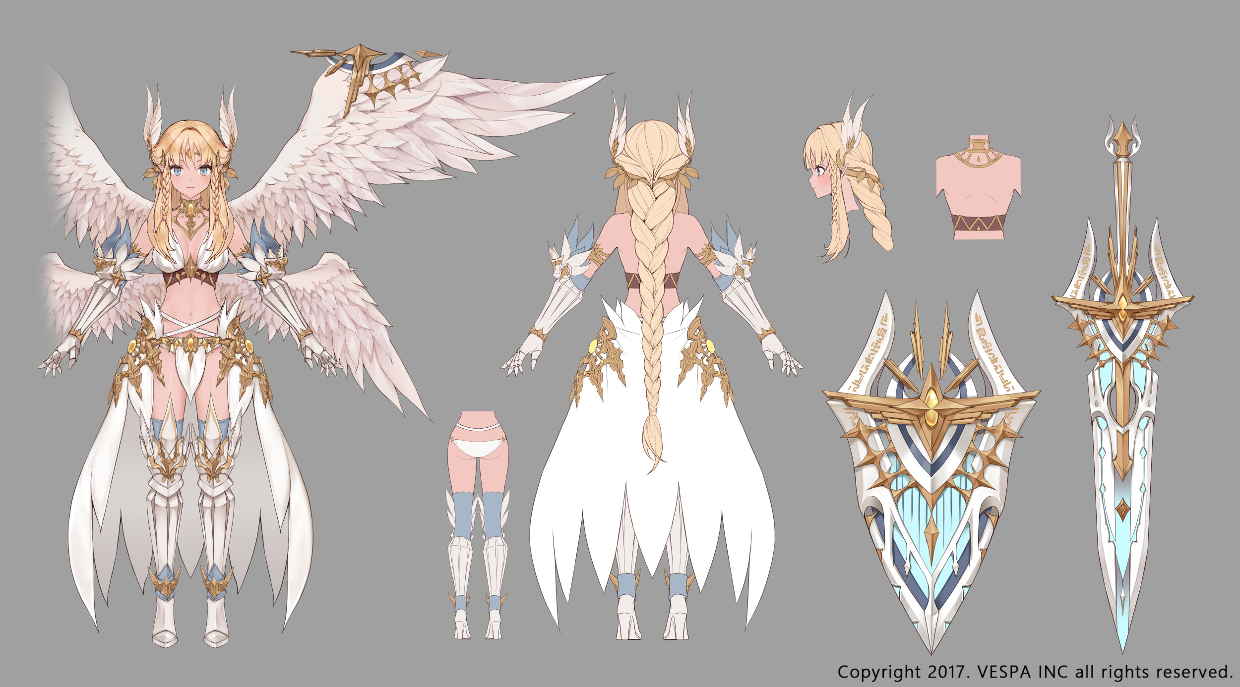 ezu (leejiyu), aselica (king's raid), king's raid, commentary, concept art, english commentary, highres, official art, 1girl, arm armor, armor, armored boots, blonde hair, blue eyes, boots, braid, braided sidelocks, breasts, cleavage, feather hair ornament, feathered wings, feathers, full body, gauntlets, gloves, gold armor, grey thighhighs, hair ornament, large breasts, laurel crown, long hair, low wings, multiple braids, multiple views, navel, panties, pelvic curtain, reference sheet, shield, skirt, sword, thigh boots, thighhighs, turnaround, underwear, very long hair, weapon, white armor, white gloves, white panties, white skirt, white wings, wings