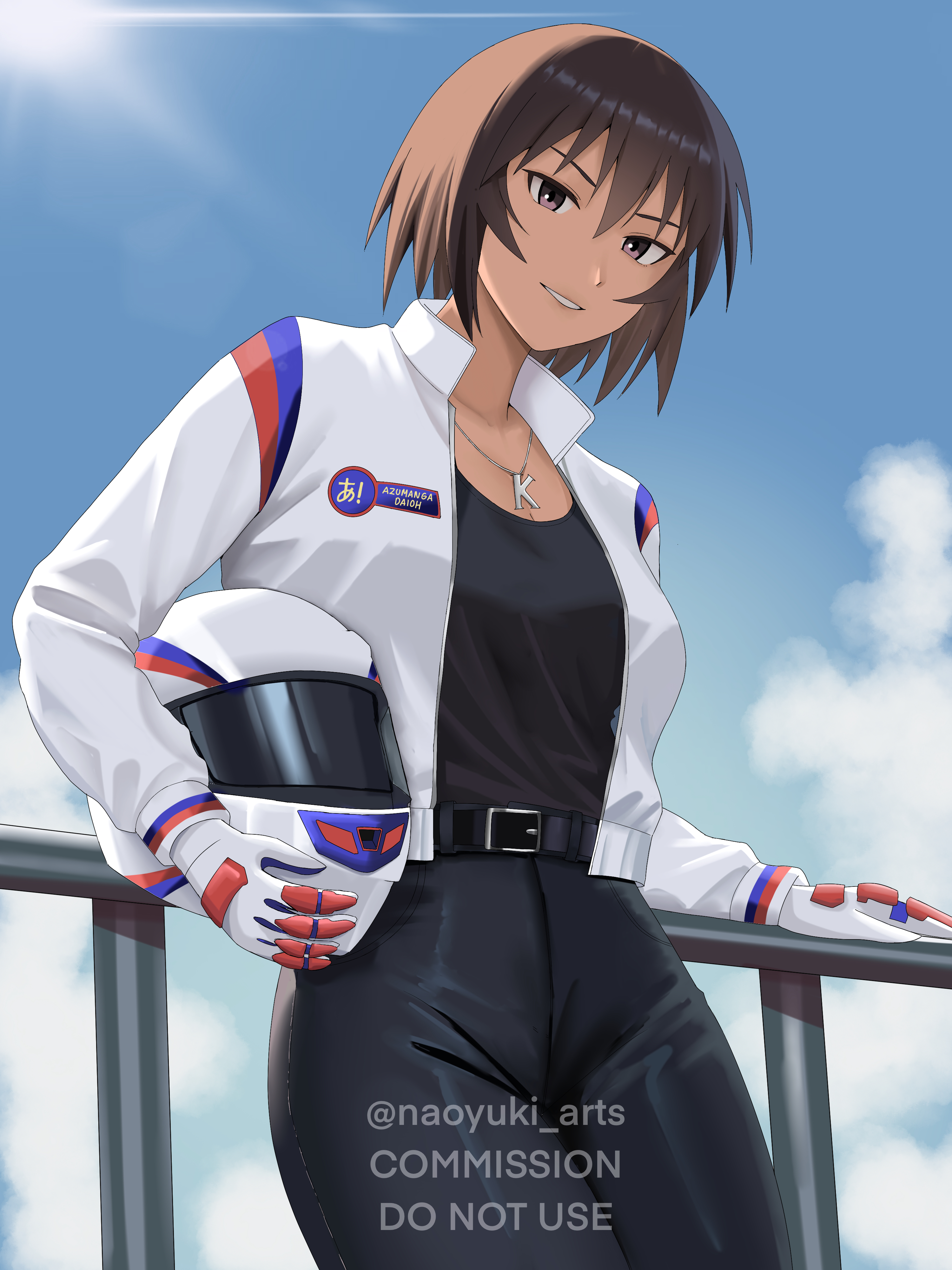 naoyuki arts, kagura (azumanga daioh), azumanga daiou, absurdres, commentary, english commentary, highres, 1girl, belt, black belt, black bodysuit, bodysuit, brown eyes, brown hair, cloud, cloudy sky, day, fence, gloves, helmet, holding, holding unworn helmet, jacket, jewelry, leaning back, looking at viewer, necklace, open clothes, open jacket, outdoors, racing suit, short hair, sky, solo, standing, unworn headwear, unworn helmet, white jacket