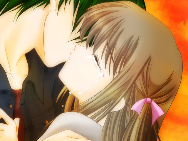1boy, 1girl, bow, bowtie, closed eyes, hetero, kiss, tears