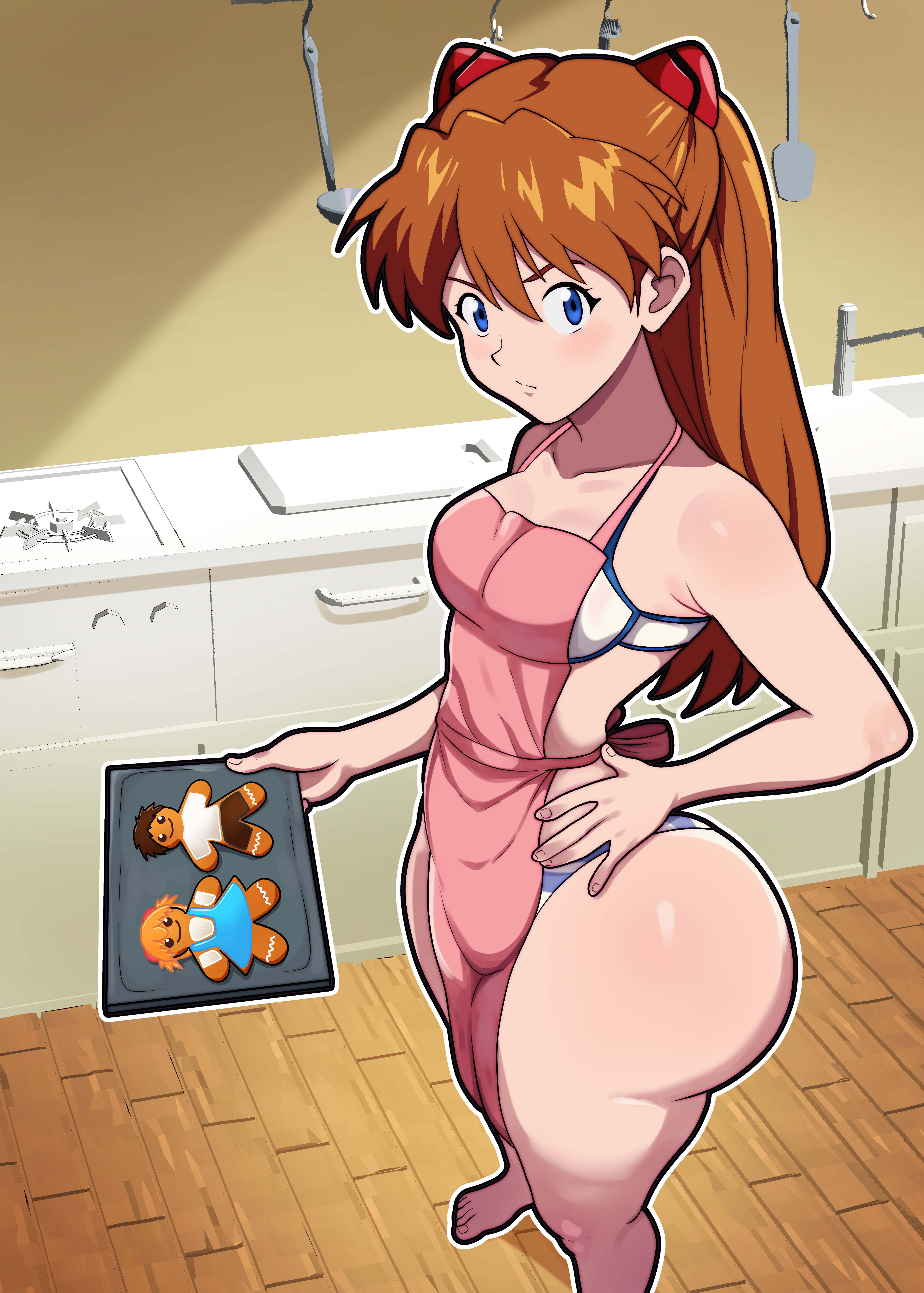 freshnsfw, ikari shinji, souryuu asuka langley, neon genesis evangelion, highres, source request, 1girl, :/, apron, ass, barefoot, blue eyes, blue panties, blush, bra, breasts, brown hair, cleavage, cookie, curvy, feet, food, gingerbread cookie, hand on own hip, hetero, huge ass, indoors, kitchen, large breasts, legs apart, long hair, looking at viewer, micro panties, panties, pink apron, shiny skin, skindentation, solo, striped clothes, striped panties, thick thighs, thighs, thong, tsundere, twintails, underwear, underwear only, white bra, white panties, wide hips