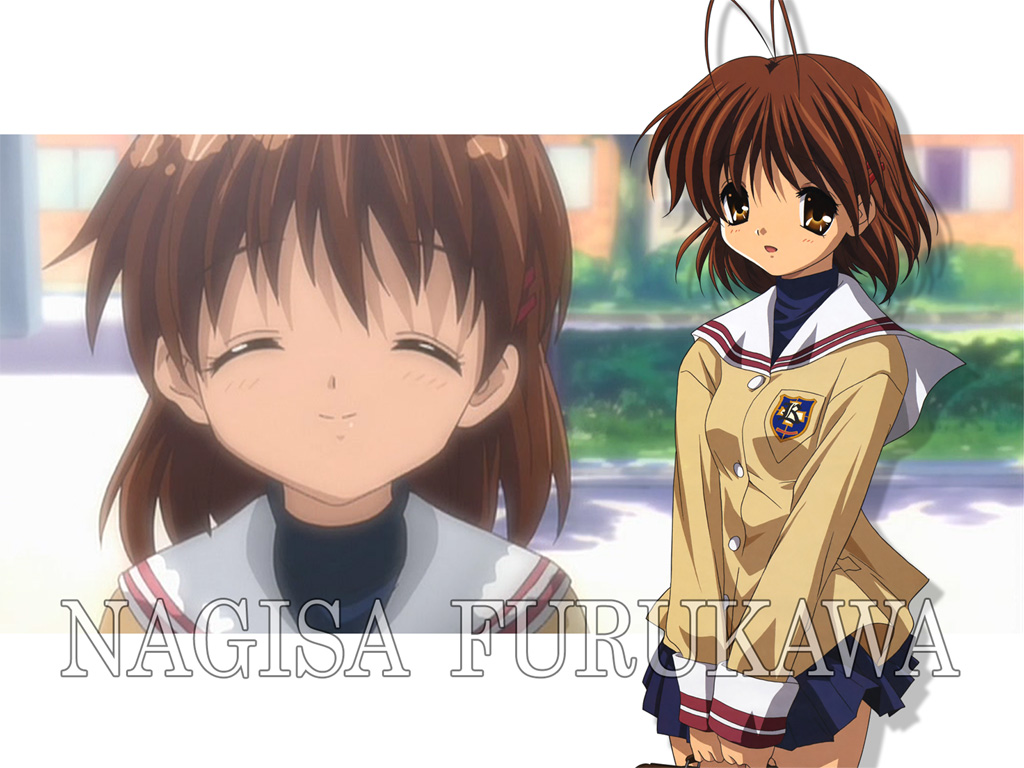 furukawa nagisa, clannad, 00s, 1girl, ^ ^, antenna hair, brown eyes, brown hair, buttons, closed eyes, emblem, long sleeves, looking at viewer, miniskirt, own hands together, pleated skirt, sailor collar, school uniform, serafuku, skirt, sleeve cuffs, v arms