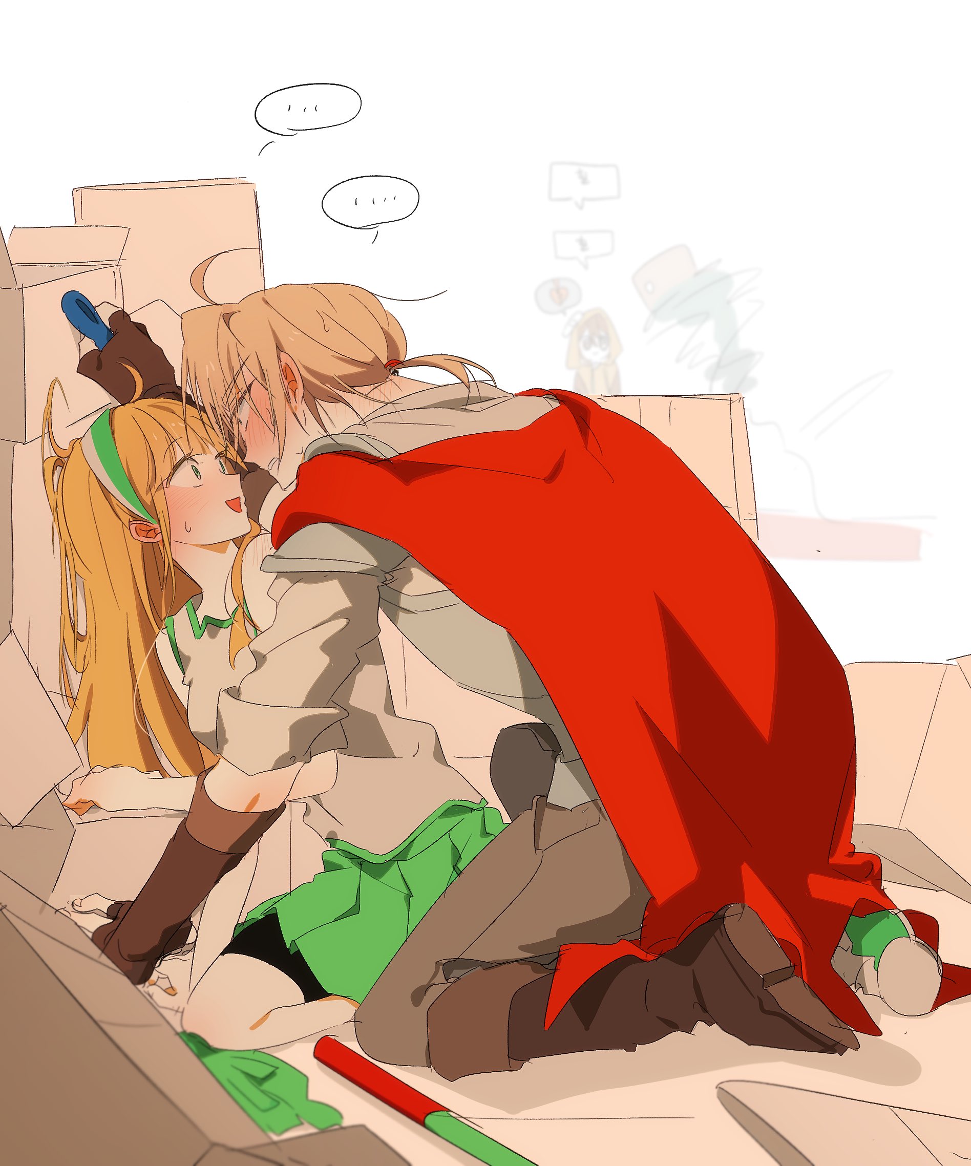 zombie high school, highres, …, 1boy, 1girl, ahoge, blonde hair, blush, boots, brown hair, cape, fingerless gloves, gloves, green skirt, hairband, long hair, looking at another, nam seon-ji, opennep, pak chan-yeong, ponytail, skirt, spoken ellipsis