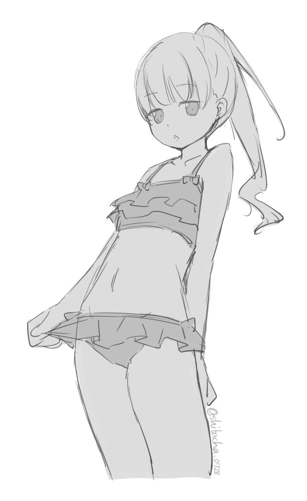 shibacha, original, 1girl, arm behind back, bikini, blunt bangs, cowboy shot, dot nose, frilled bikini, frills, looking at viewer, monochrome, open mouth, ponytail, simple background, sketch, skirt, skirt tug, solo, swimsuit, triangle mouth, twitter username, white background