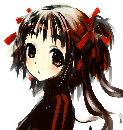 goshiki suzu, tagme, 1girl, blush, female focus, ribbon, simple background, solo