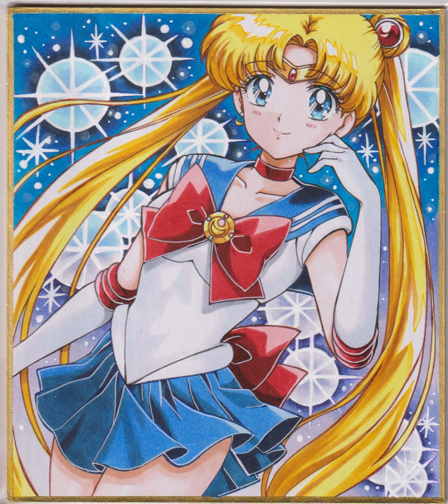 chikoto (kztc4472), sailor moon, tsukino usagi, bishoujo senshi sailor moon, highres, 1girl, blonde hair, blue eyes, blue sailor collar, bow, choker, closed mouth, collarbone, cowboy shot, double bun, earrings, elbow gloves, gloves, hair bun, hair ornament, hand up, jewelry, long hair, looking at viewer, pink background, red choker, sailor collar, sailor senshi uniform, skirt, smile, solo, transformation brooch (sailor moon), twintails, white gloves