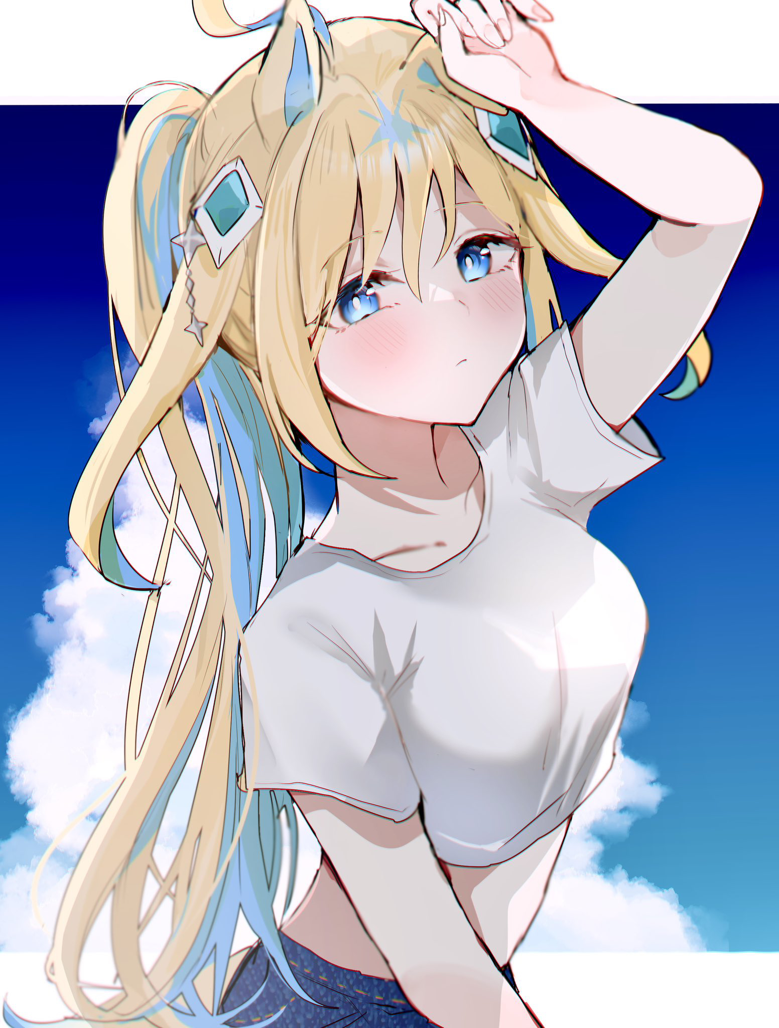 pof (peuplierpof), neo universe (umamusume), umamusume, highres, 1girl, ahoge, alternate costume, alternate hairstyle, animal ears, arm up, blonde hair, blue eyes, blue hair, breasts, closed mouth, cloud, cloudy sky, collarbone, crop top, day, fingernails, hair ornament, horse ears, horse girl, long hair, looking at viewer, medium breasts, midriff, outdoors, ponytail, shirt, short sleeves, sky, solo, upper body, very long hair, white shirt