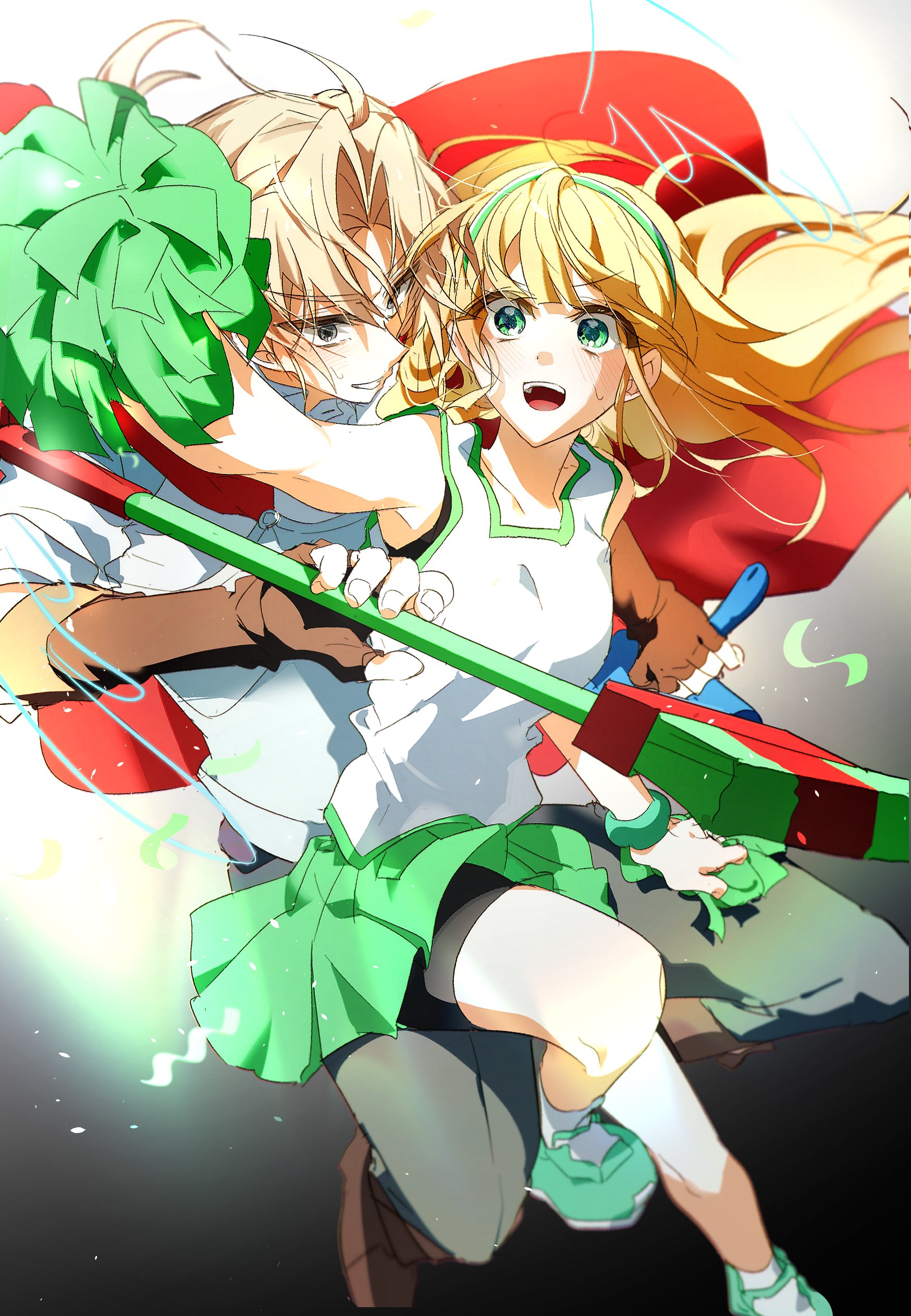 zombie high school, absurdres, highres, 1girl, blonde hair, brown gloves, cape, cheerleader, fingerless gloves, gloves, green eyes, green skirt, hairband, long hair, nam seon-ji, open mouth, opennep, pak chan-yeong, pleated skirt, pom pom (cheerleading), shorts, shorts under skirt, siblings, skirt, smile, weapon