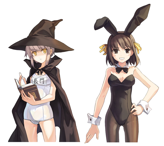 h2so4, nagato yuki, suzumiya haruhi, suzumiya haruhi no yuuutsu, 00s, animal ears, book, fake animal ears, hat, one-piece swimsuit, pantyhose, playboy bunny, rabbit ears, school swimsuit, swimsuit, white one-piece swimsuit, white school swimsuit, witch hat