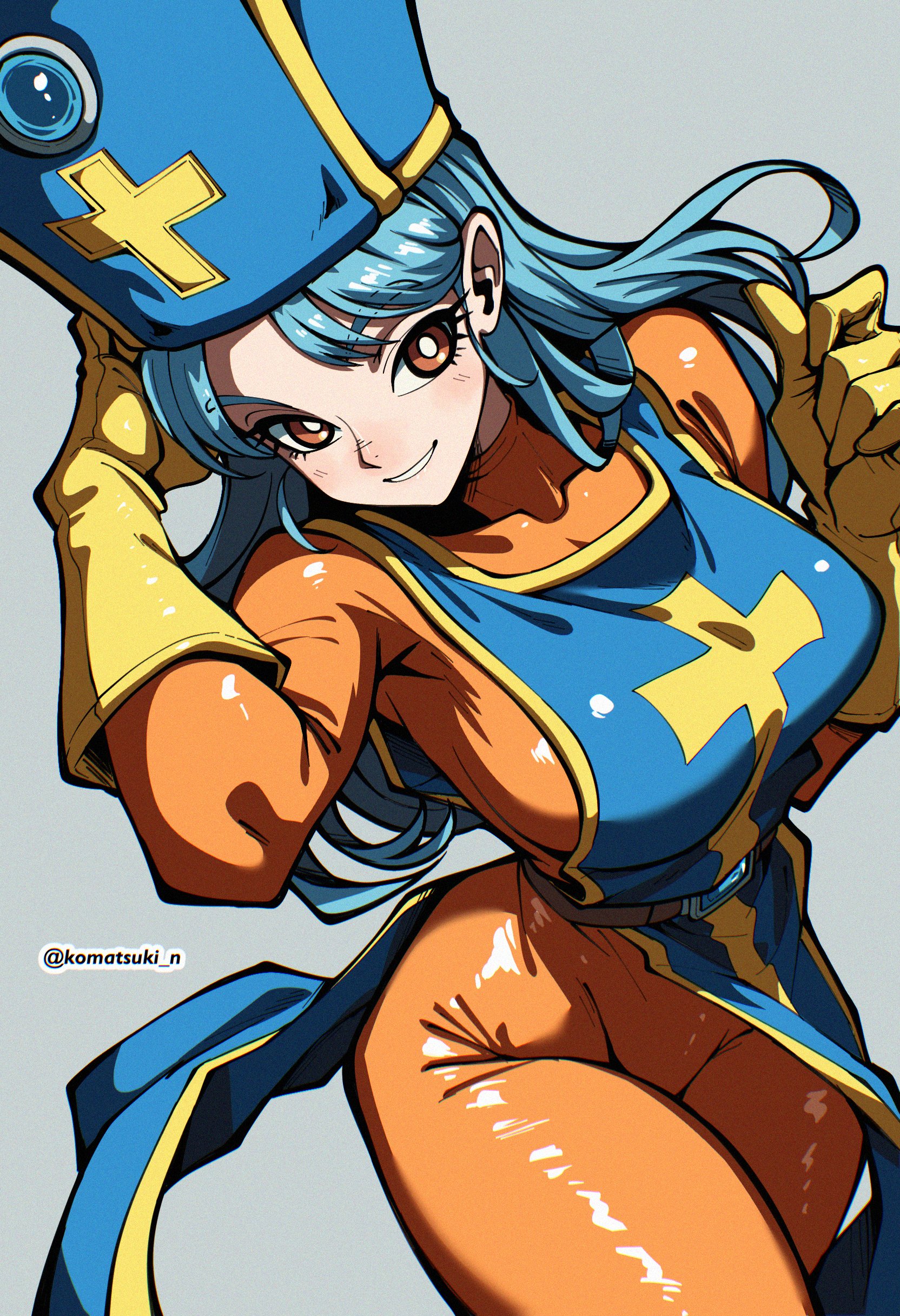 komatsuki n, priest (dq3), dragon quest, dragon quest iii, absurdres, highres, 1girl, blue hair, blue hat, blue tabard, bodysuit, breasts, bright pupils, brown eyes, cowboy shot, cross, film grain, floating clothes, gloves, grey background, grin, hat, large breasts, long hair, looking at viewer, mitre, orange bodysuit, smile, solo, tabard, twitter username, white pupils, yellow gloves, yellow trim