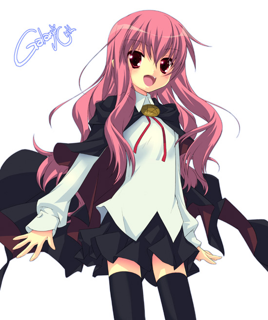 gotou nao, louise francoise le blanc de la valliere, zero no tsukaima, 00s, 1girl, black thighhighs, cape, female focus, gota nao, long hair, pentacle, pink hair, red eyes, skirt, smile, solo, thighhighs, white background, zettai ryouiki